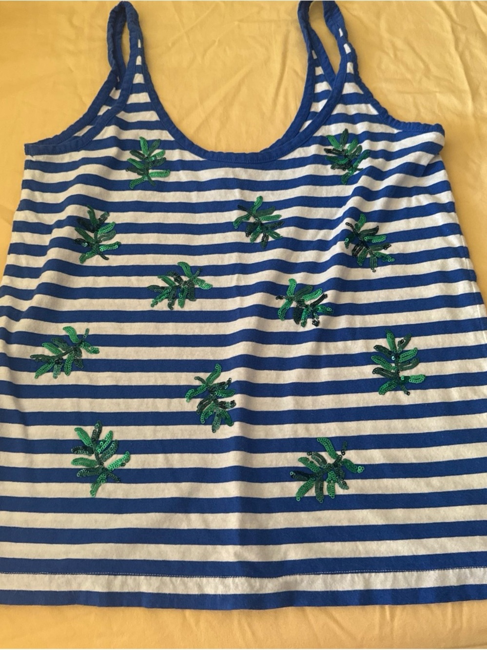 J. Crew Blue and White Striped Tank with Leaf Sequin Accents